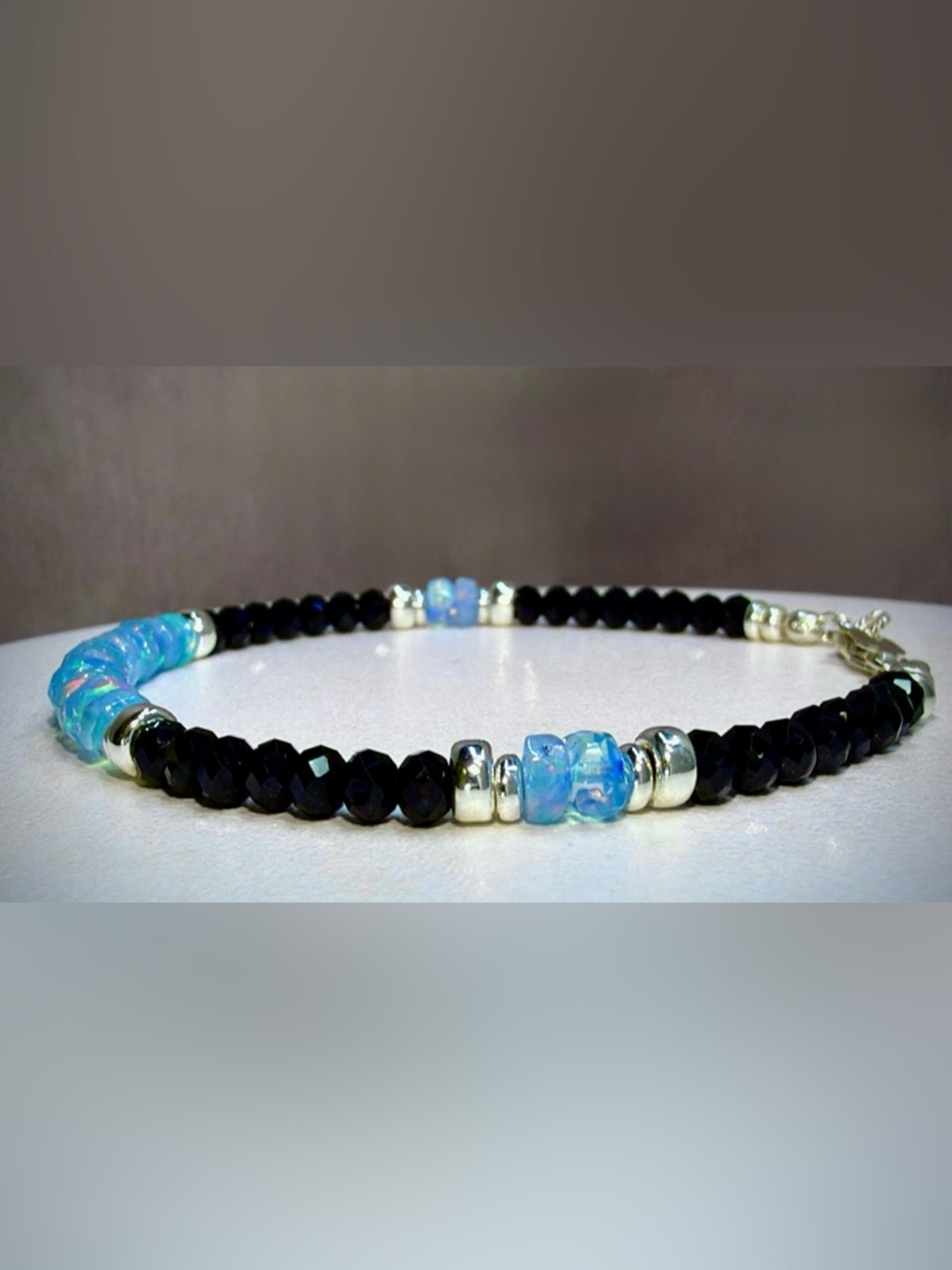 Ethiopian Opal Black Spinel Gemstone Bracelet in Sterling Silver - Picture 2 of 6